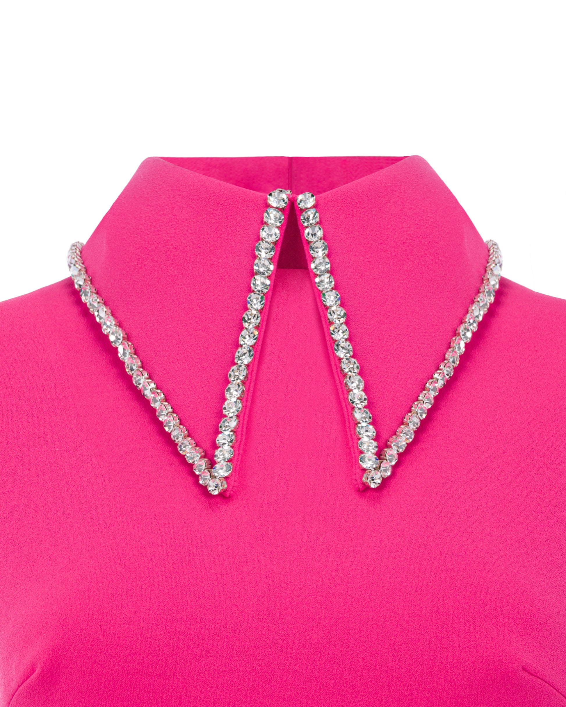 Crystal collar short dress with feather trimmed hem, Fuchsia, Collar