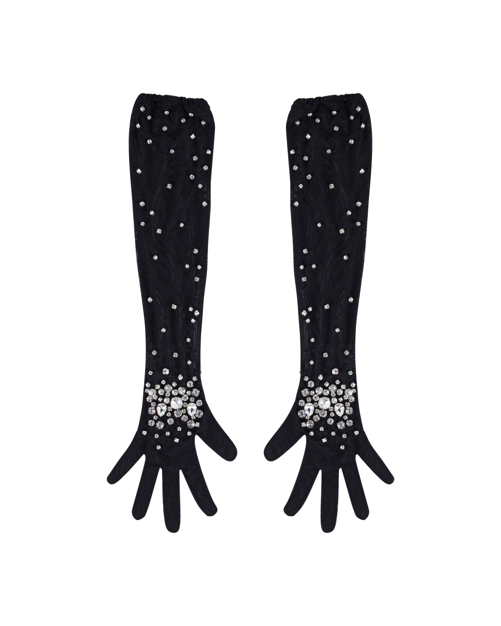 Long crystal tulle gloves. Black, front. 