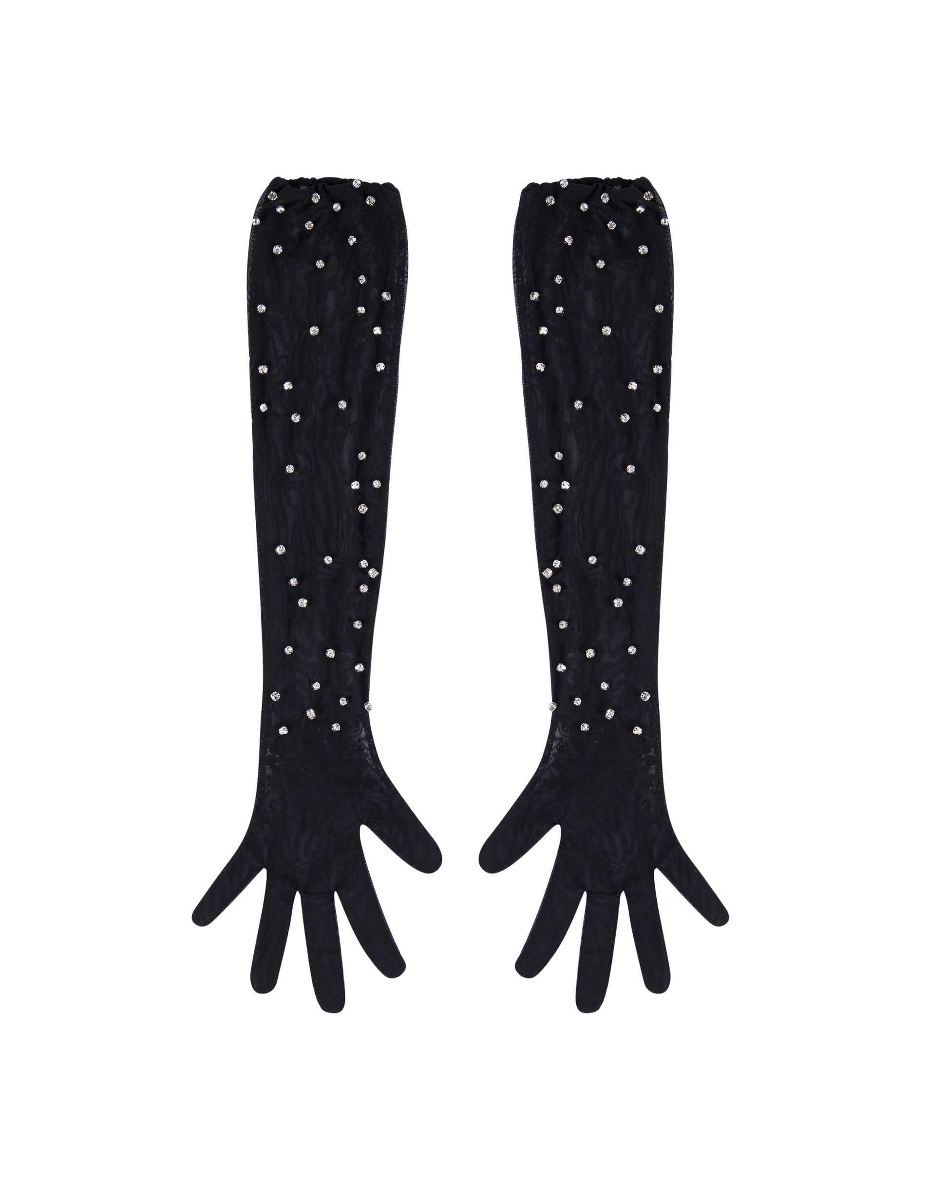 Long crystal tulle gloves. Black, back.