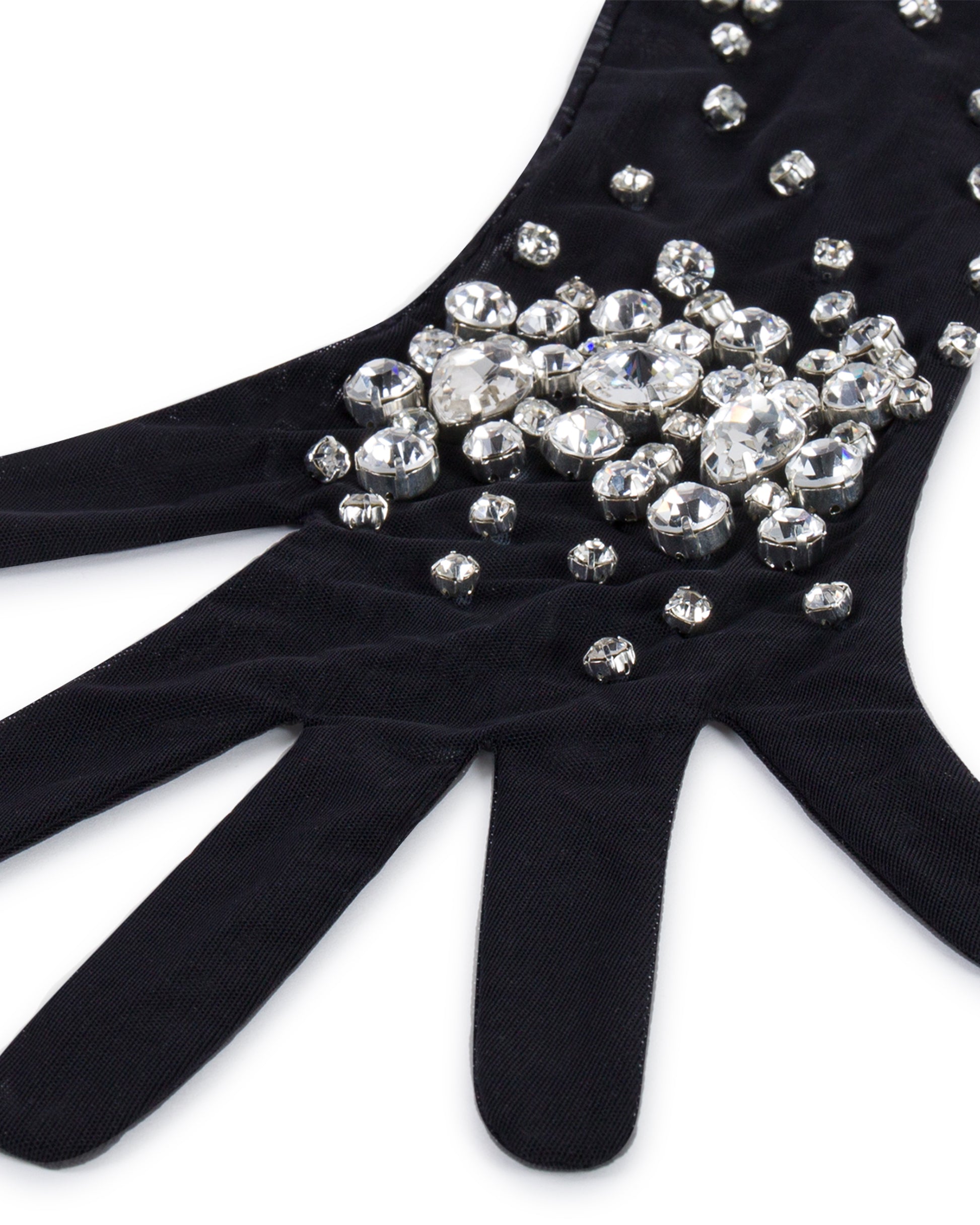 Long crystal tulle gloves. Black, close up. 