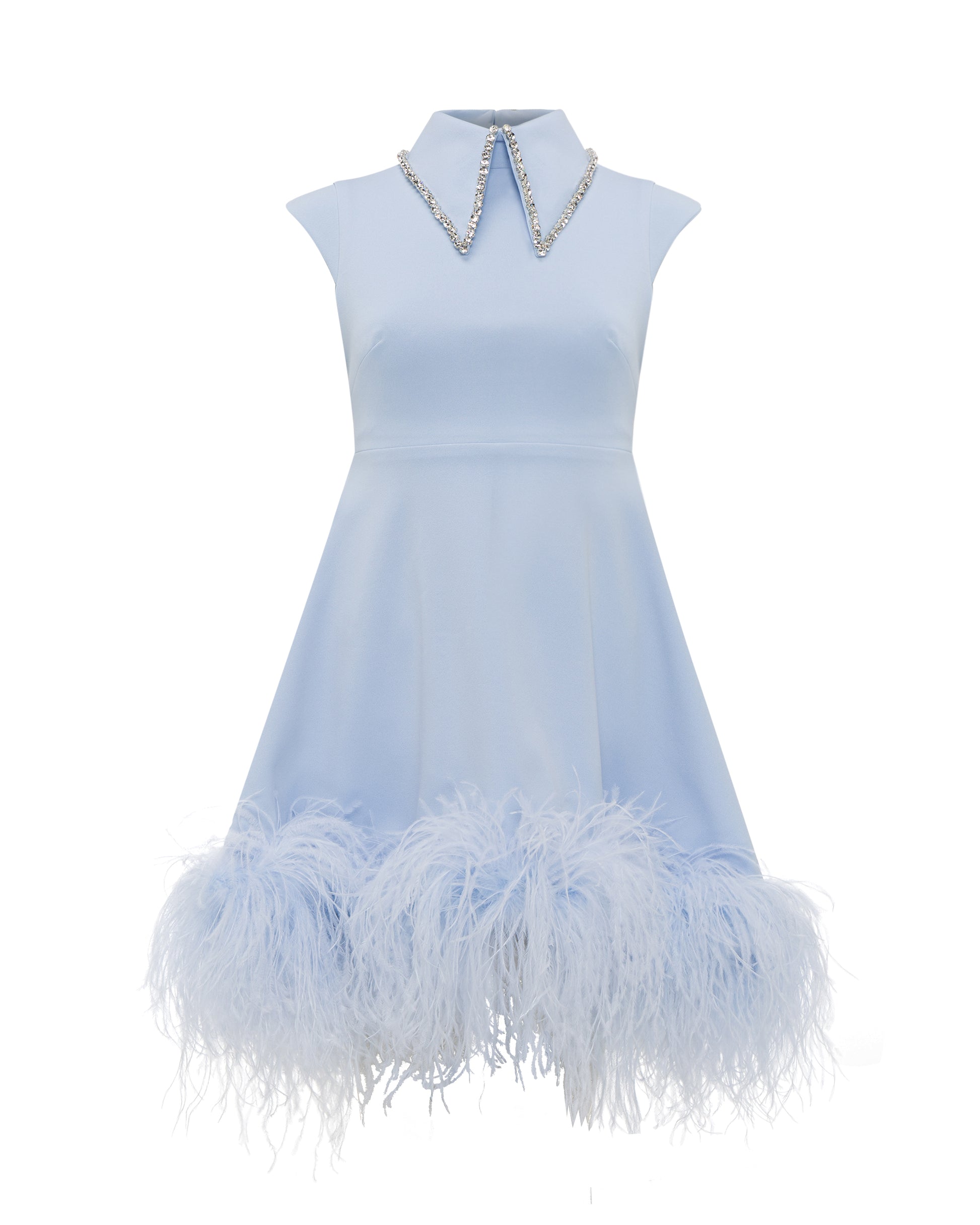 Crystal collar short dress with feather trimmed hem, Blue, front