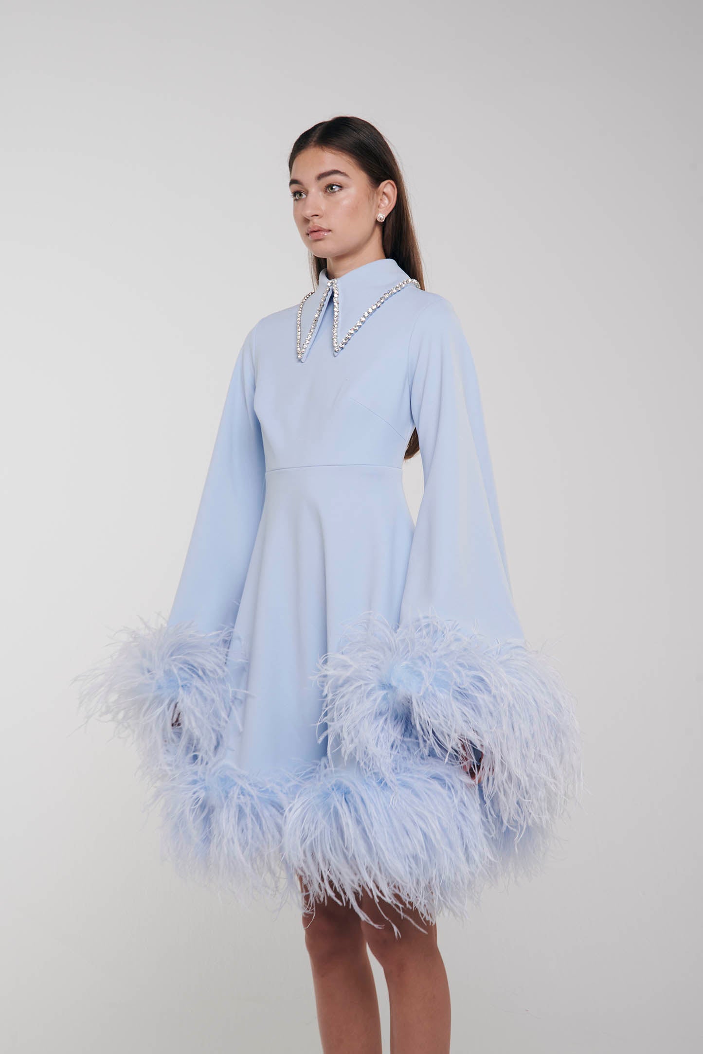 crystal collar, feather trimmed hem dress. ONORI