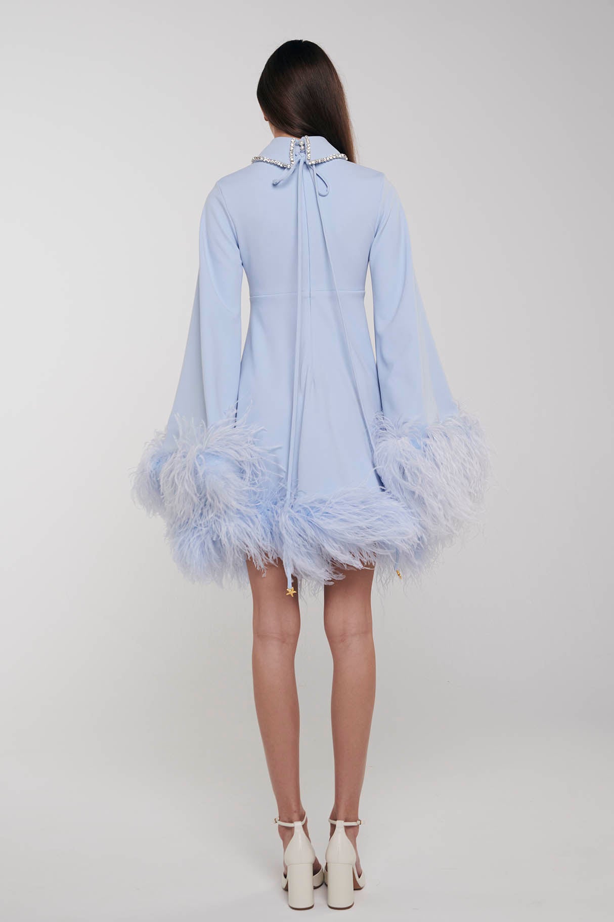 crystal collar, feather trimmed hem dress. ONORI